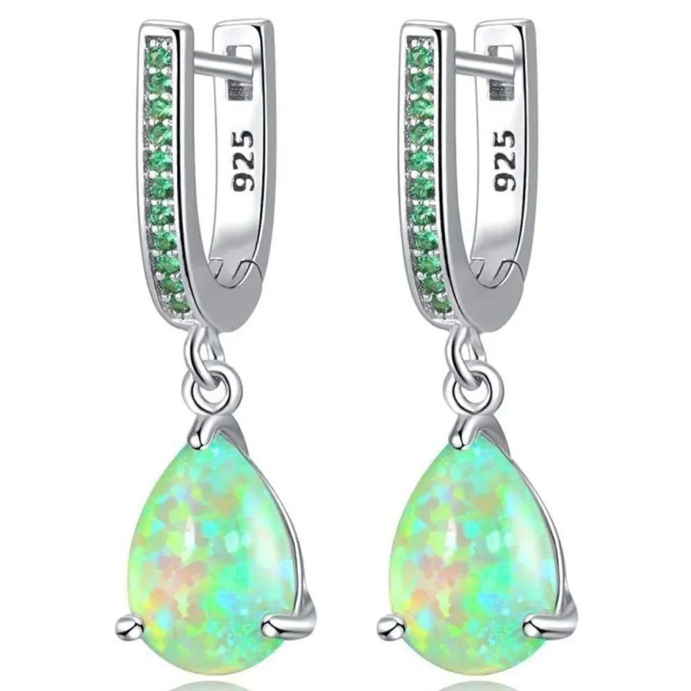 14K WGP Sterling Silver with Green Fire Opal and Green Quartz Dangling Earrings
